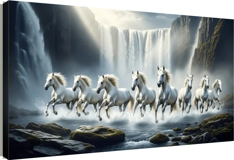 Seven majestic white horses galloping through splashing water with a massive waterfall and sunbeams in the background. | PrintPosters.in